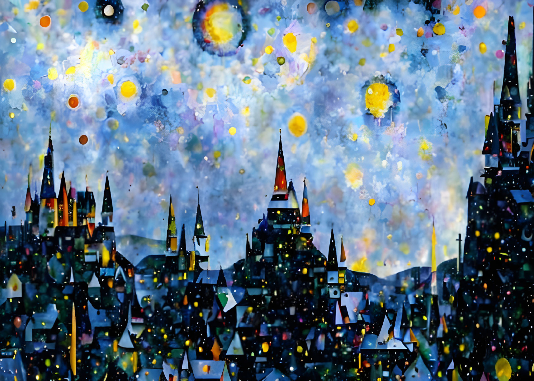 Vibrant starry night sky painting with colorful village silhouette