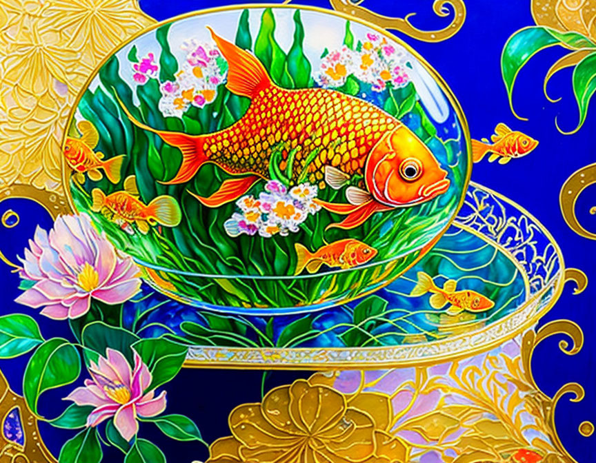 Colorful Golden Koi Fish Artwork with Flowers and Ornate Patterns