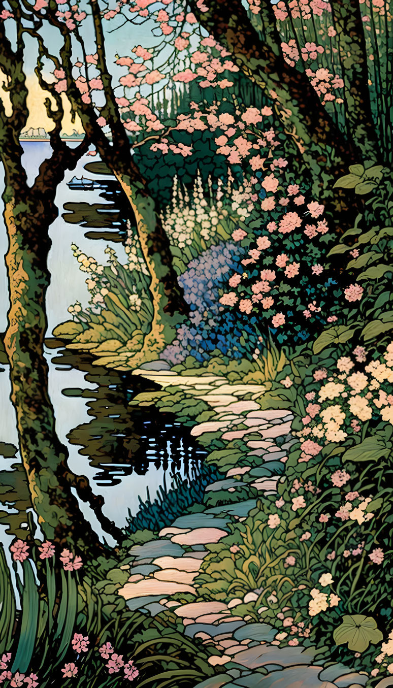 Vertical Illustration of Lush Garden with Pebble Path, Flowers, Trees, and River