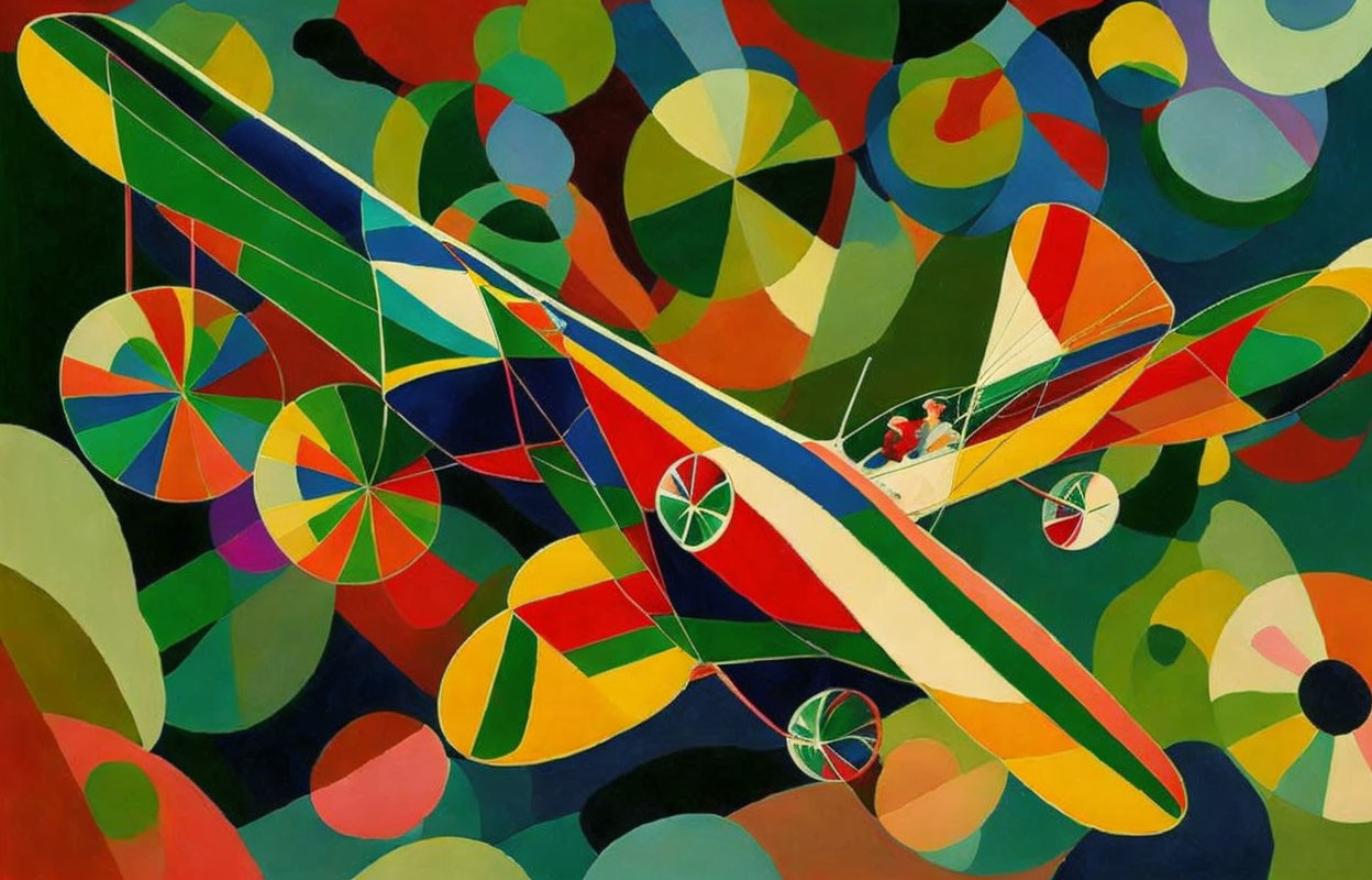 Vibrant Abstract Painting of Biplanes and Geometric Patterns
