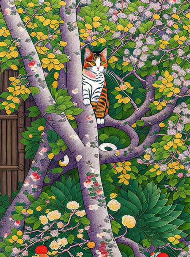 Vibrant cat illustration among flowering trees