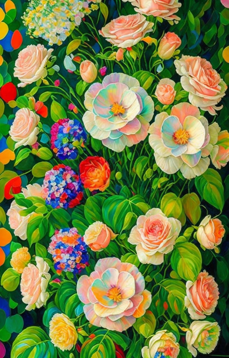 Colorful Floral Painting with Roses and Hydrangeas on Multicolored Dotted Background