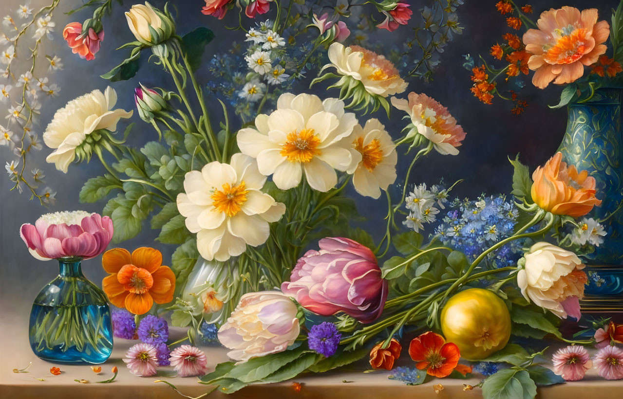 Colorful Still-Life Painting of Flowers and Lemon on Reflective Surface