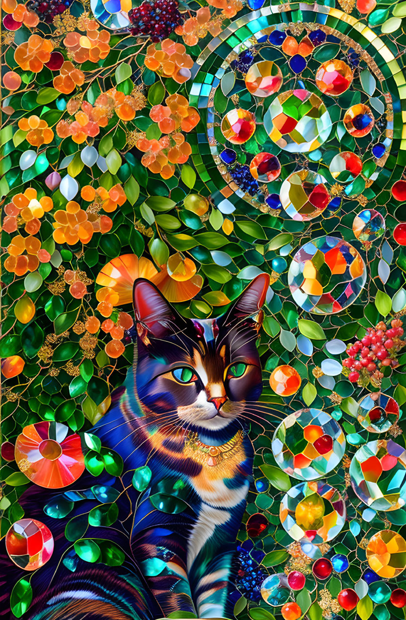 Colorful Cat Artwork Surrounded by Flowers and Gemstones