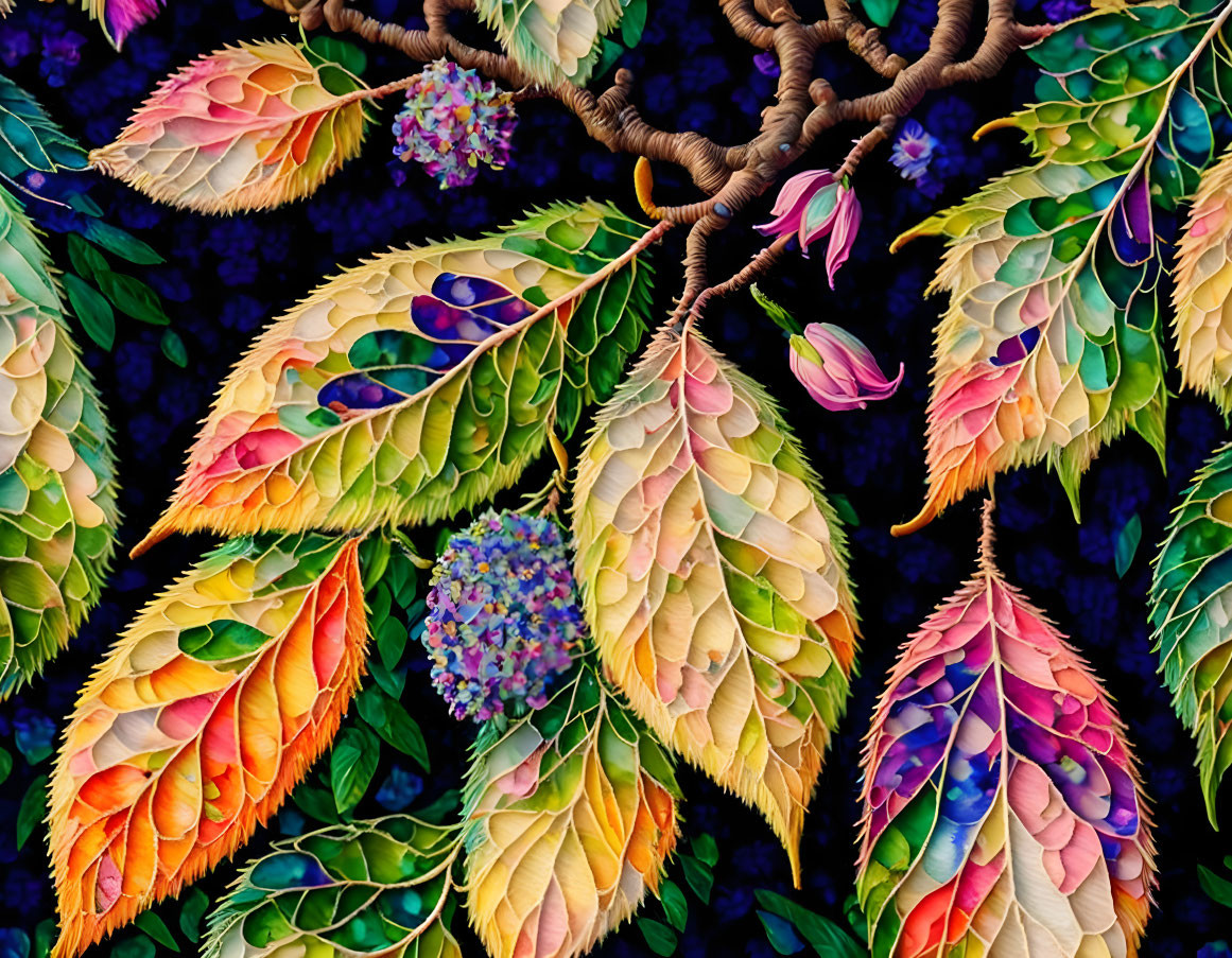 Colorful Leaves and Flowers on Branches: Green, Yellow, Pink, and Purple on Dark Background