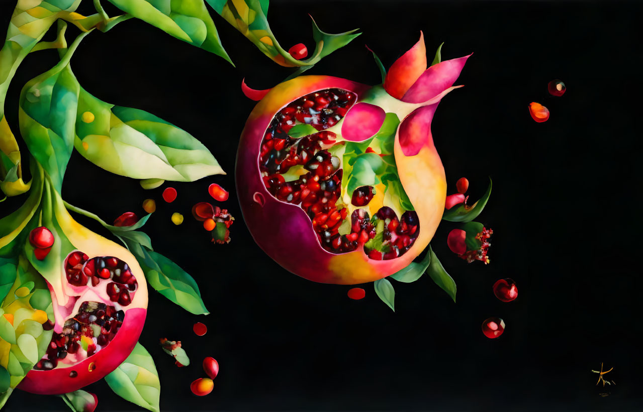Colorful painting of ripe pomegranates and green leaves on dark backdrop