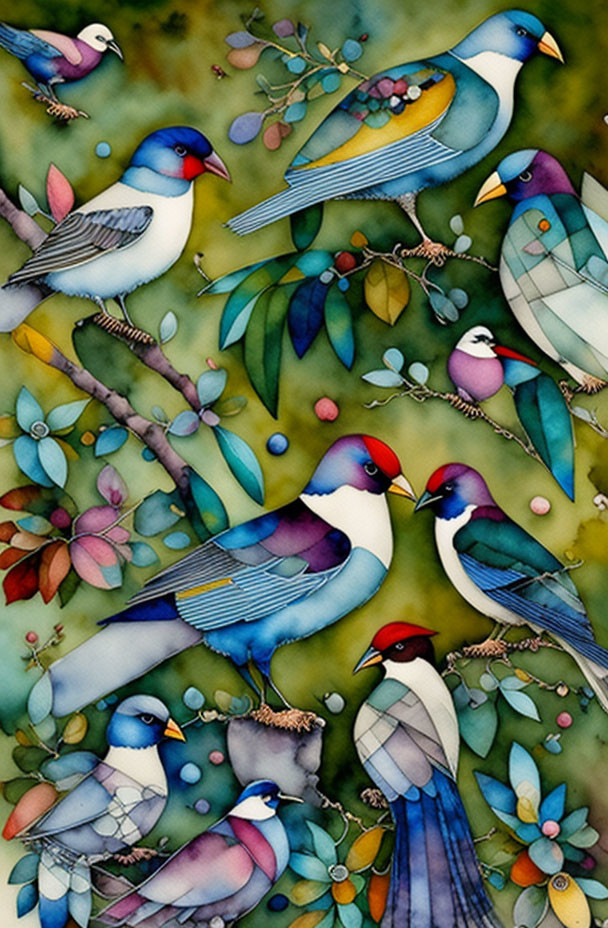 Vibrant stylized birds on branches with leaves and berries