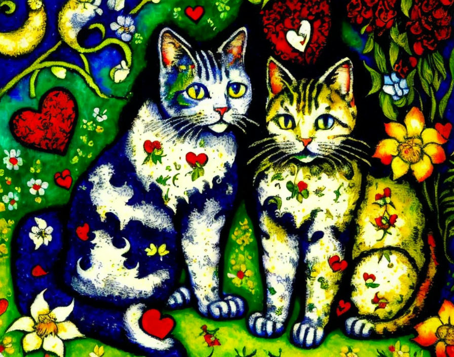 Colorful Stylized Cats with Heart Patterns Among Flowers and Leaves