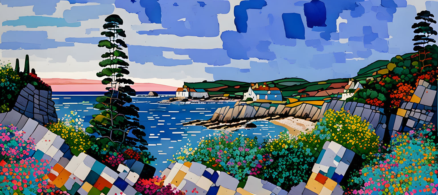 Colorful coastal landscape with patchwork fields, vibrant flowers, and seaside village