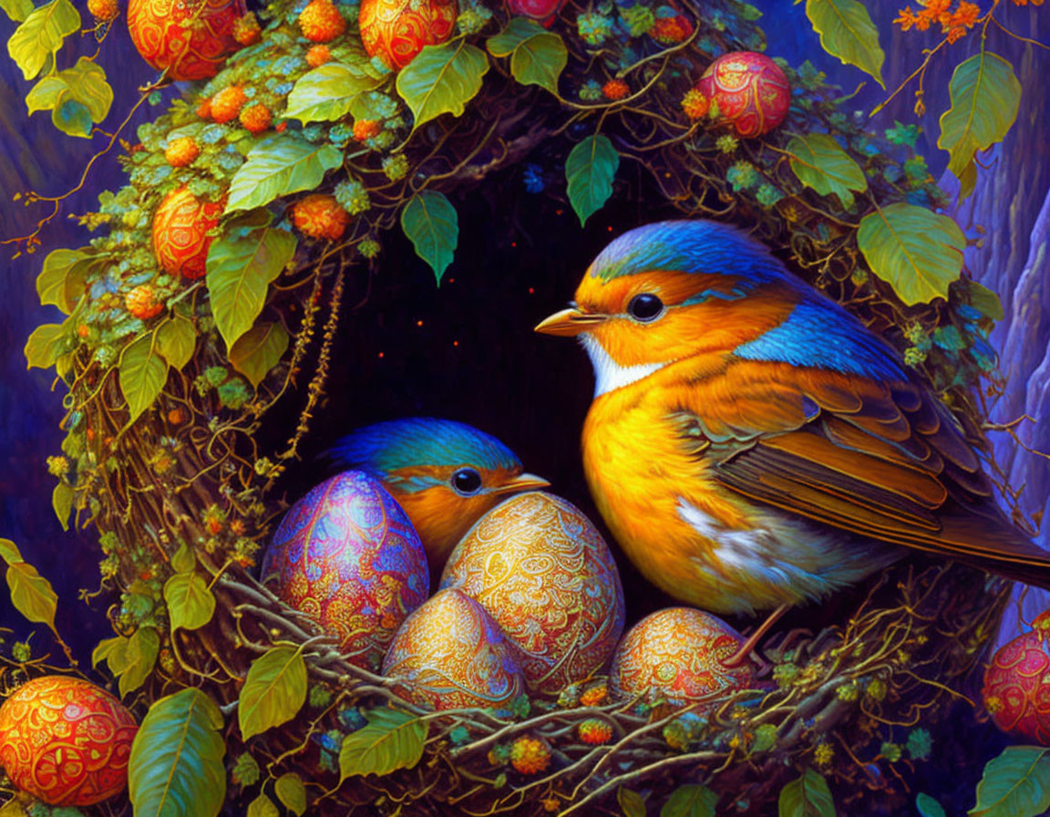 Colorful birds with patterned eggs in lush nest
