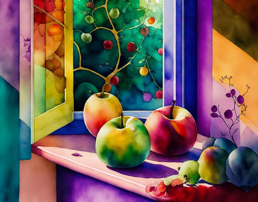 Colorful Watercolor Painting of Apples on Ledge with Abstract Background