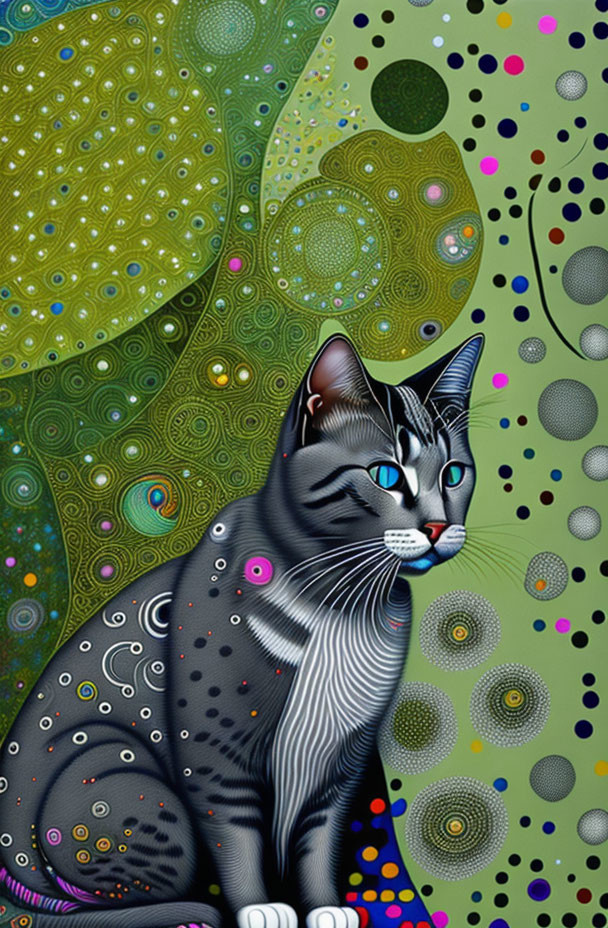 Stylized black and white cat with blue eyes on vibrant multicolored background