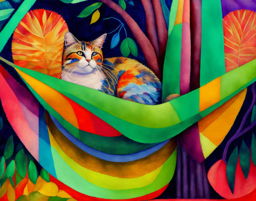 Colorful Cat Painting Among Whimsical Foliage
