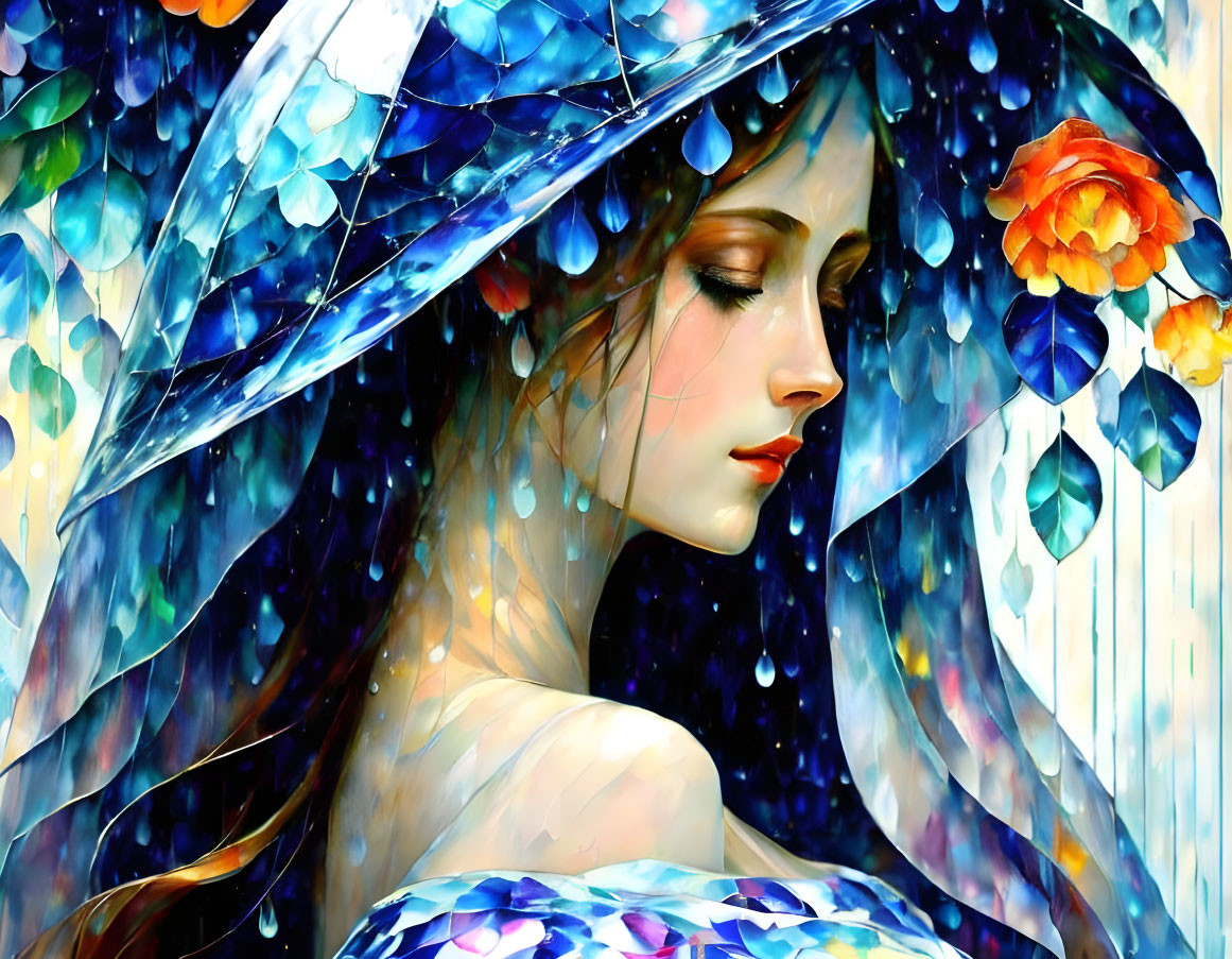 Colorful Illustration of Serene Woman with Umbrella and Flowers in Rainfall