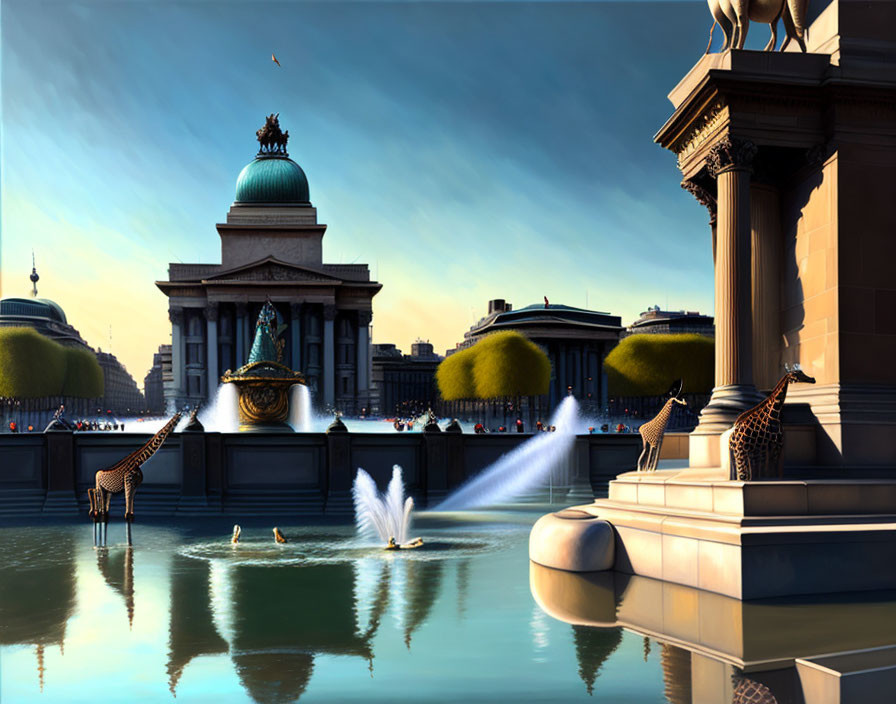 Surreal urban scene with giraffes, classical buildings, fountains, and flying swans
