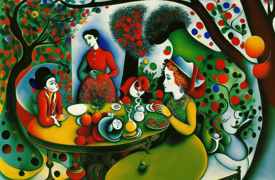 Colorful scene: Three stylized figures at vibrant table with fruit and teapots, surrounded by