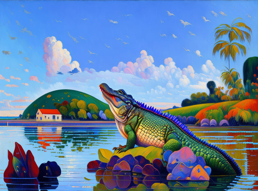 Colorful Painting of Alligator by Lake with Tropical Flora and White House