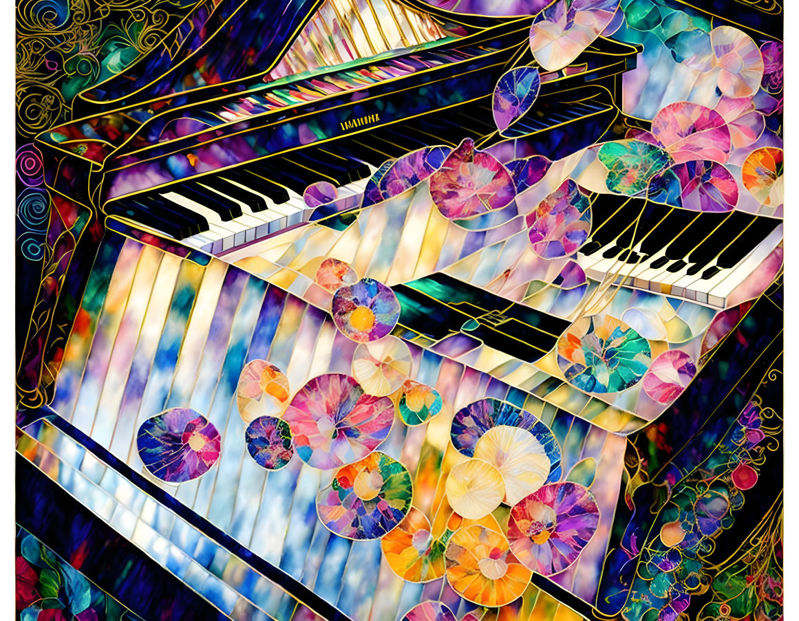 Vibrant floral patterns overlay piano keys in abstract artwork