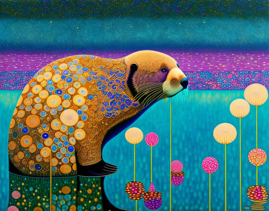 Vibrant bear painting with patterned fur among whimsical flowers