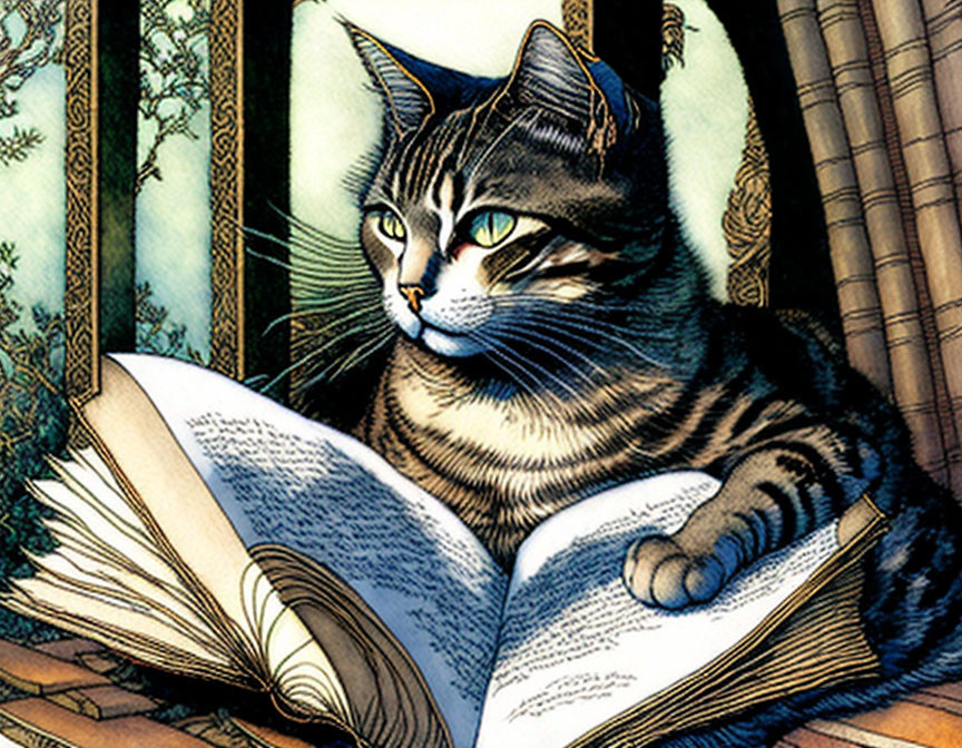 Tabby cat with green eyes near open book and scenic window