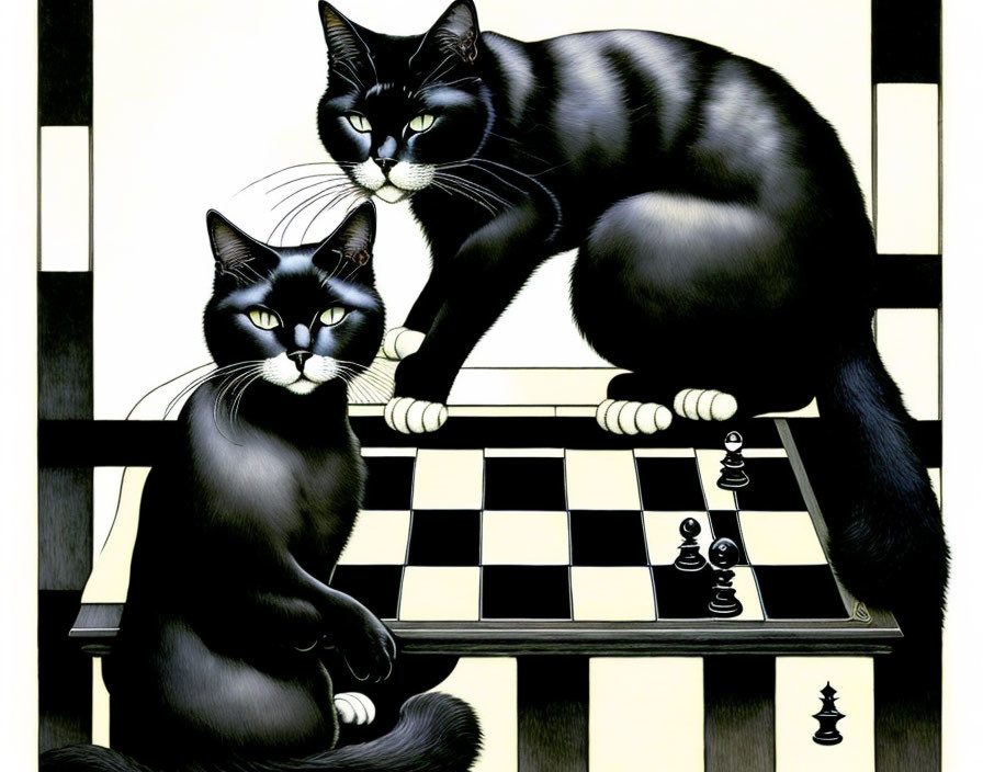 Stylized black cats on chessboard with knocked-over pieces