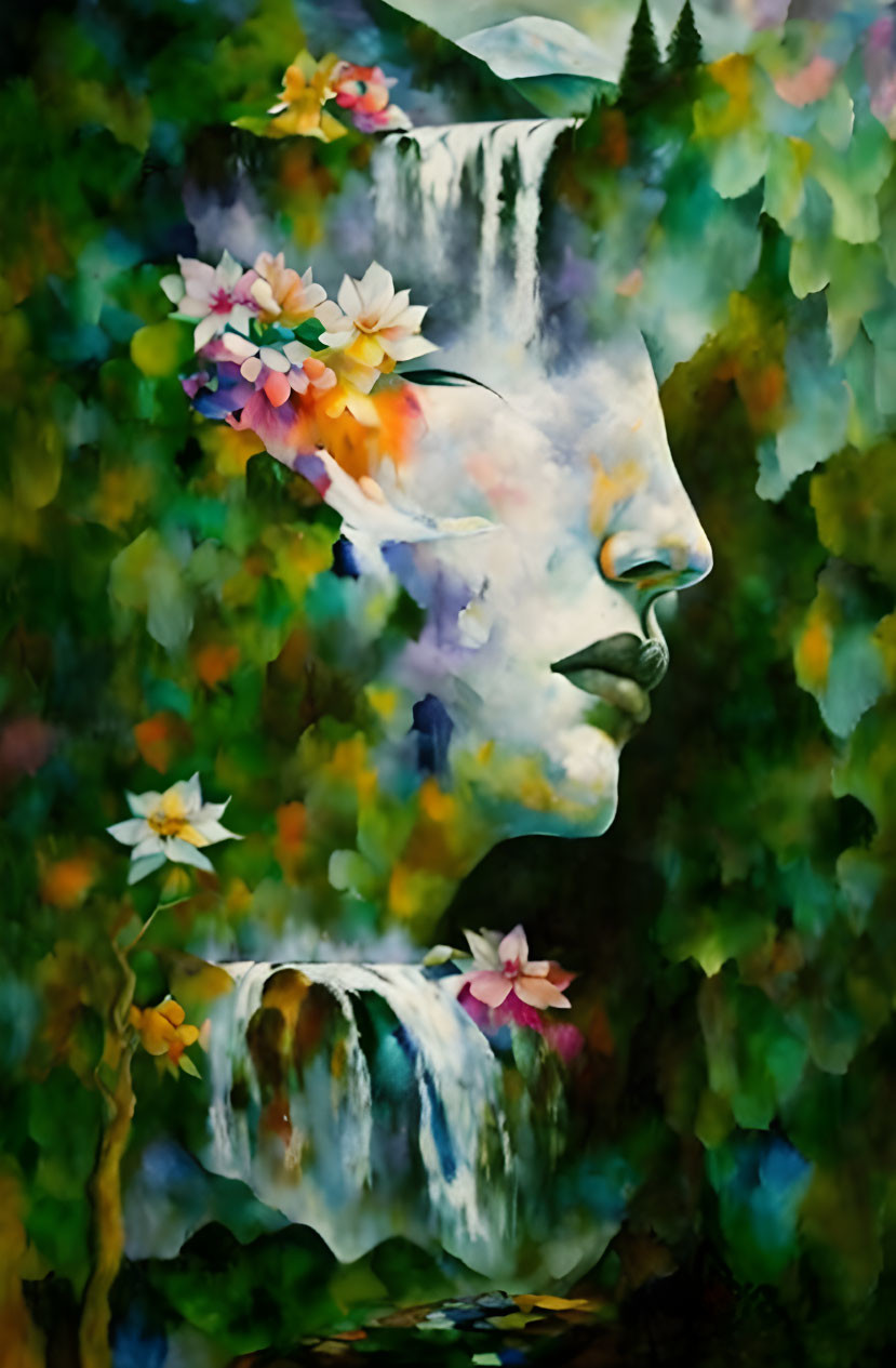 Surreal painting blending woman's face with vibrant nature scene