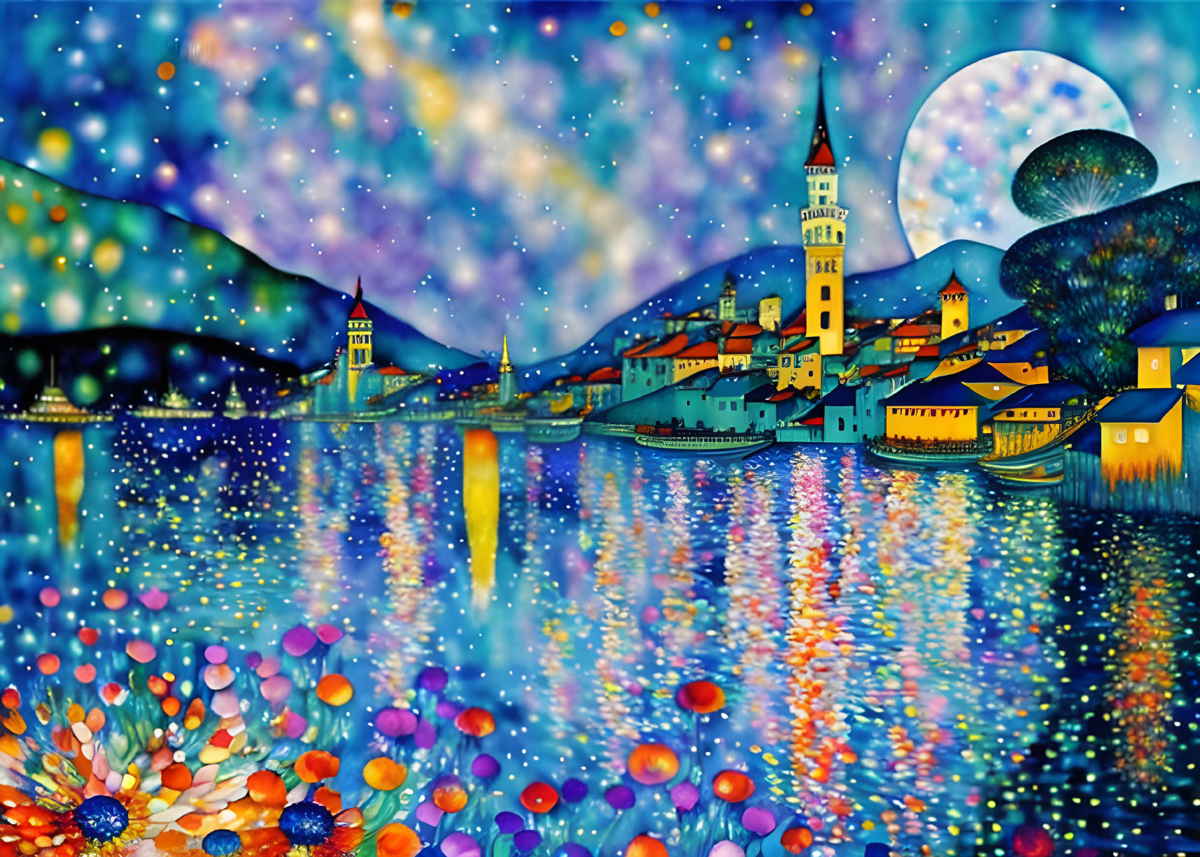 Colorful seaside town at night: vibrant buildings, starlit sky, glowing moon, floral sea