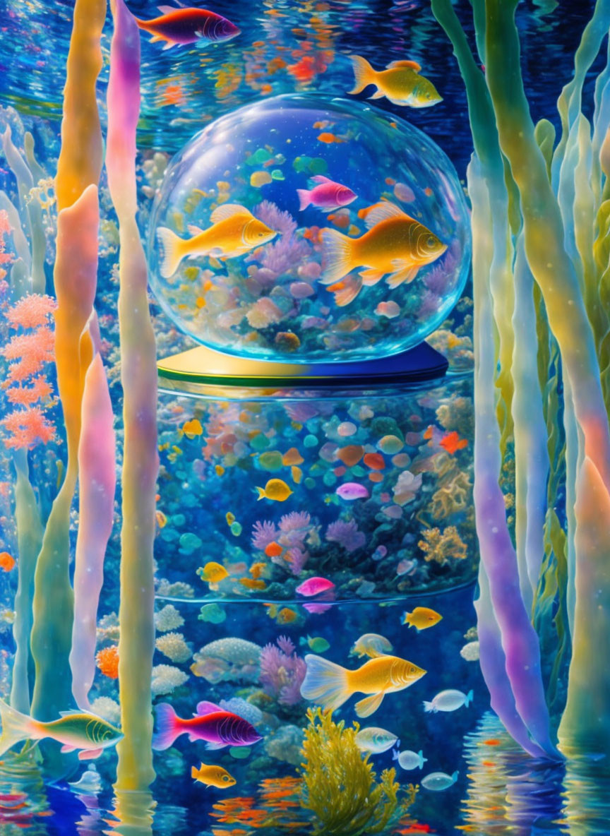 Colorful underwater scene with fish, clear orb, coral, and seaweed