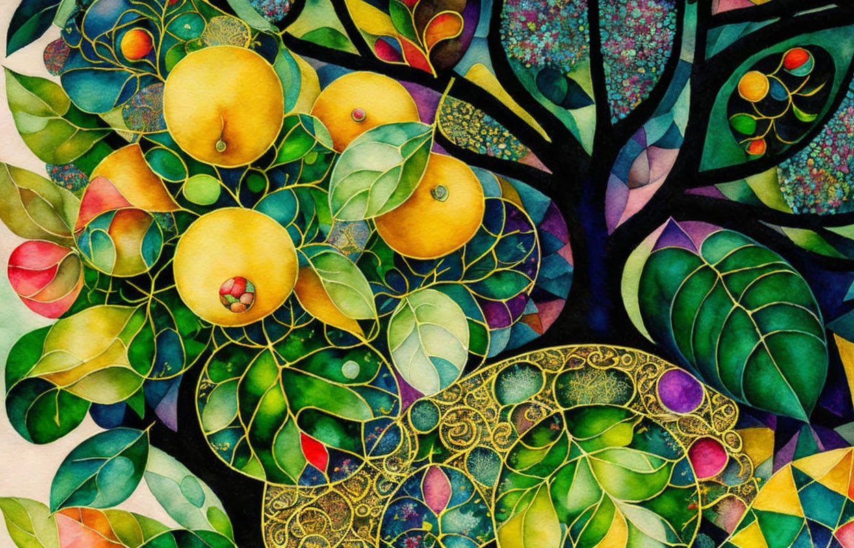 Colorful Watercolor Painting of Stylized Fruit Tree