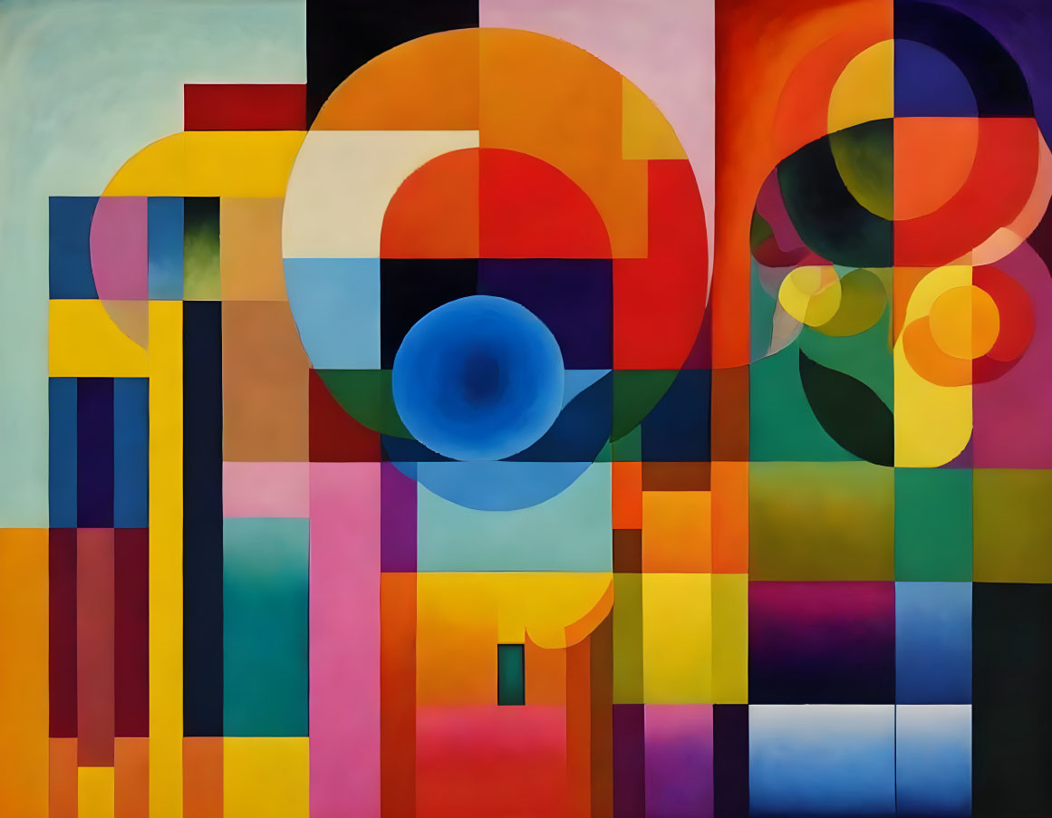 Vibrant geometric abstract art with squares, rectangles, and circles in primary and secondary colors