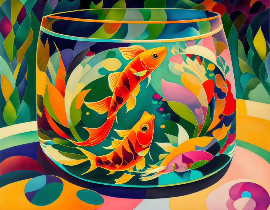 Colorful Goldfish Bowl Painting with Vibrant Plants and Patterns