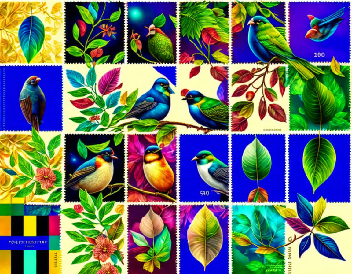 Vibrant Exotic Bird Stamps on Colorful Collage