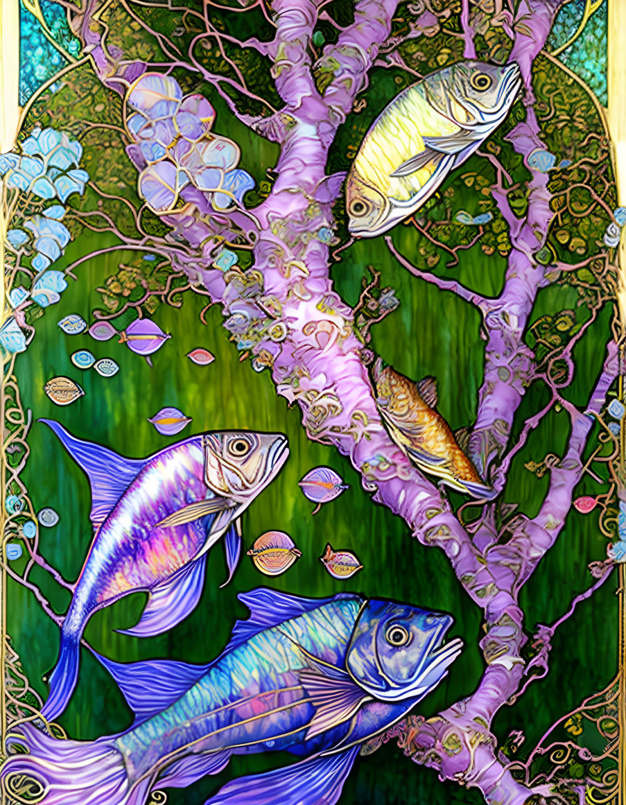 Colorful aquatic scene with fish and plants in Art Nouveau style