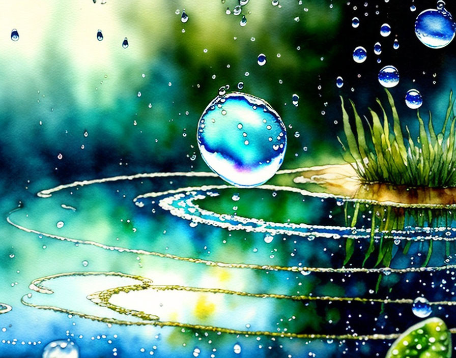 Colorful Watercolor Painting of Raindrops on Spider Webs Above Green Foliage