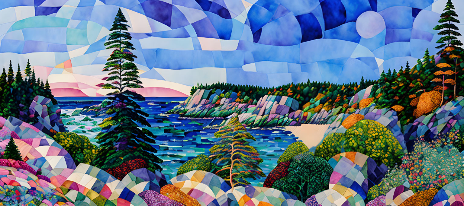 Colorful Stylized Landscape Painting of Serene Bay