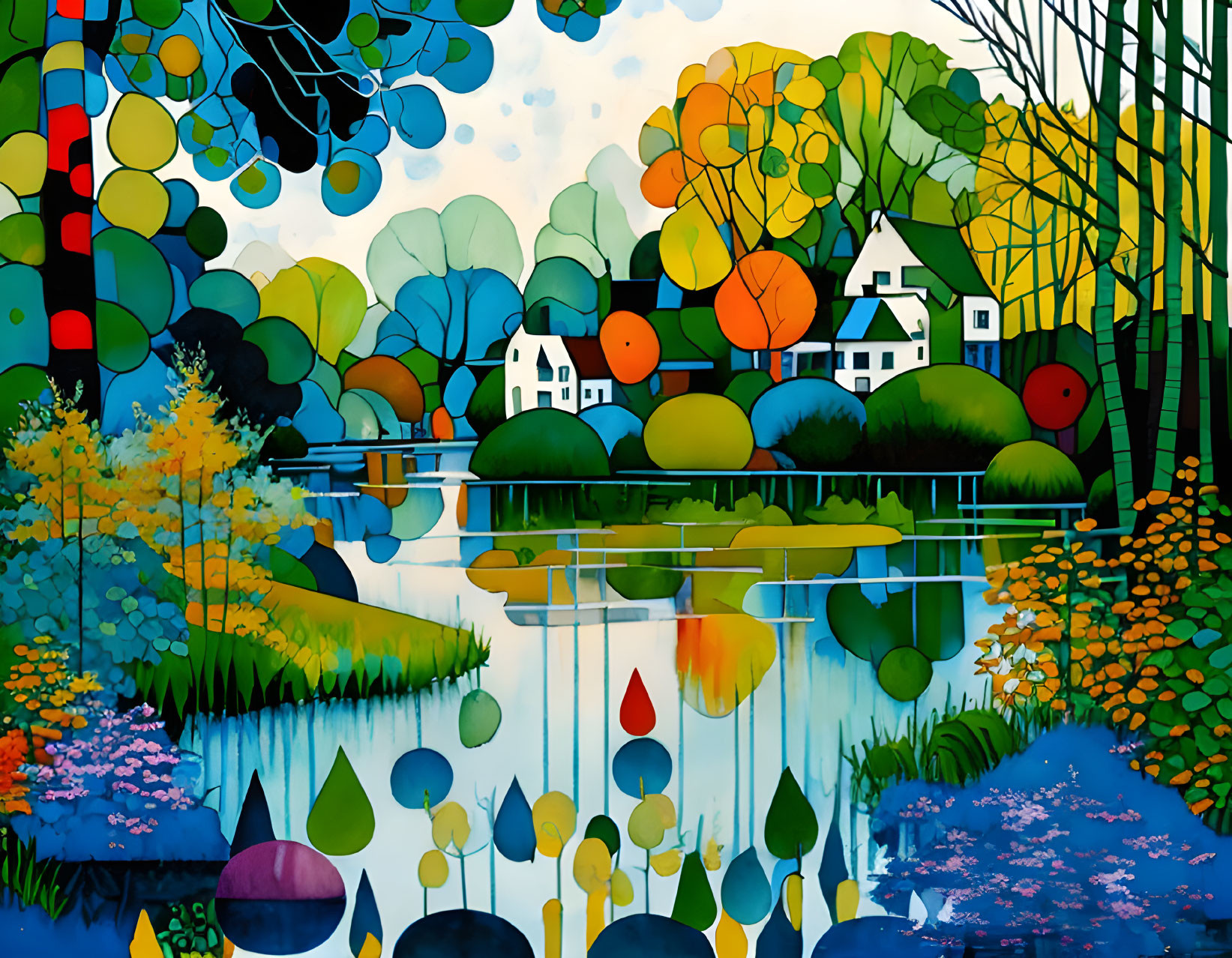 Colorful Lakeside Village Painting with Patterned Trees and Houses