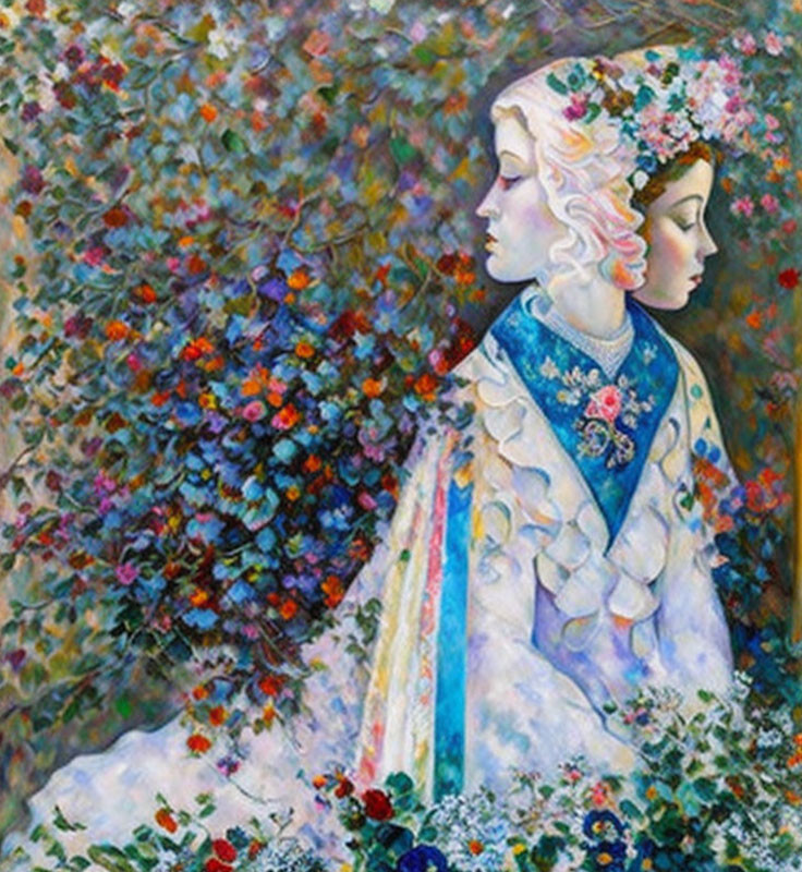 Colorful painting of two figures with floral adornments and lush blossoms.