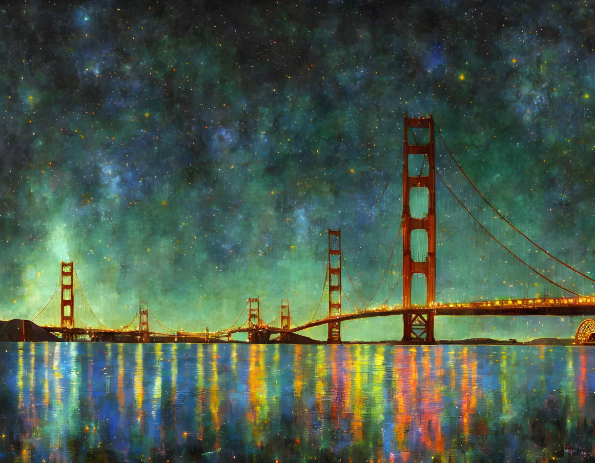 Starry Night Sky Over Golden Gate Bridge with Reflective Water