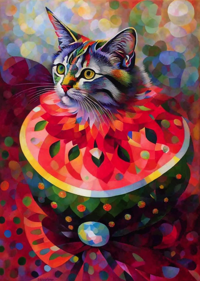 Colorful Cat Painting with Watermelon Slice Ruff and Dotted Background