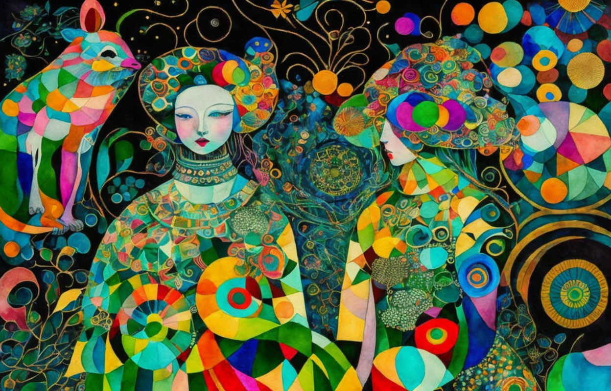 Colorful Stylized Painting of Figures with Floral and Geometric Patterns
