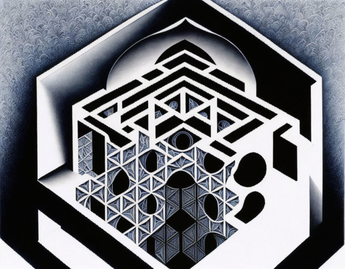 Geometric black and white maze with intricate patterns and false perspective.