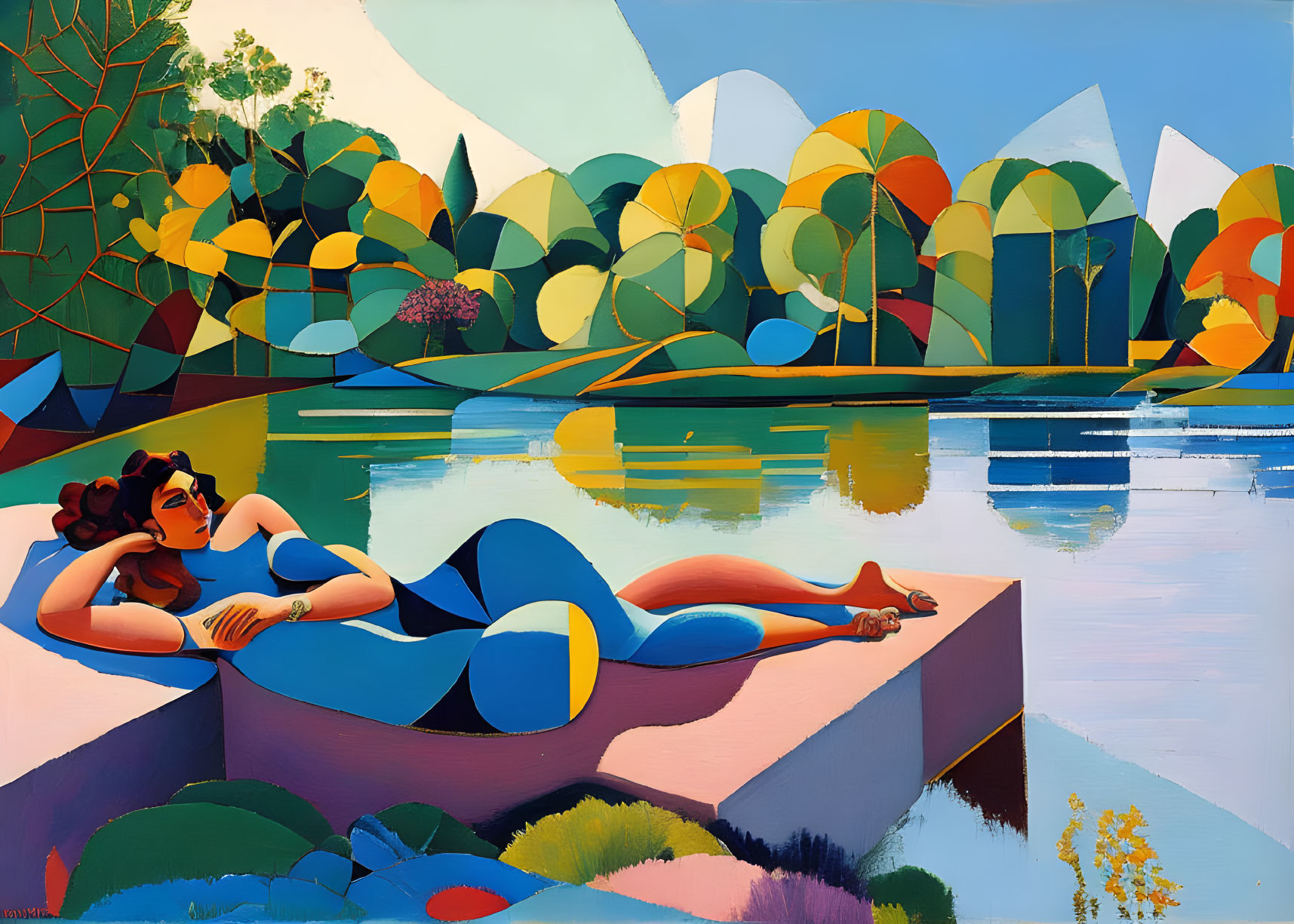 Colorful geometric landscape with lounging figure