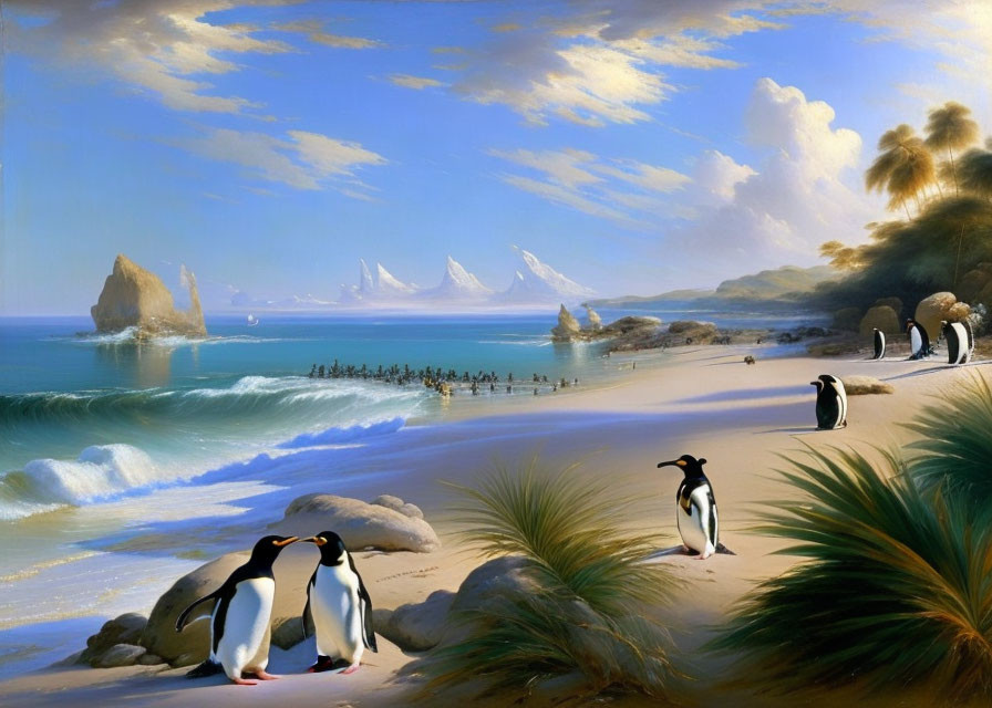 Tranquil beachscape with penguins, tropical trees, icebergs, and blue sky