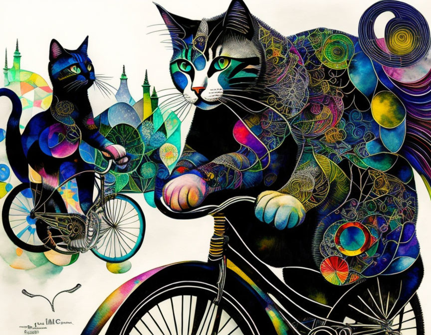 Whimsical cat art with abstract patterns and vibrant backgrounds