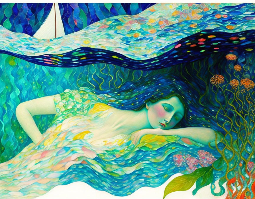 Vivid underwater dreamscape with woman and aquatic life