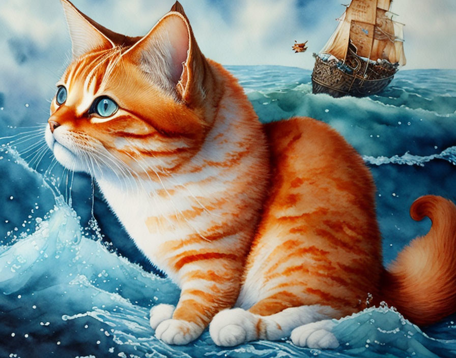 Orange and White Cat on Water Surface with Ship in Surreal Artistic Style