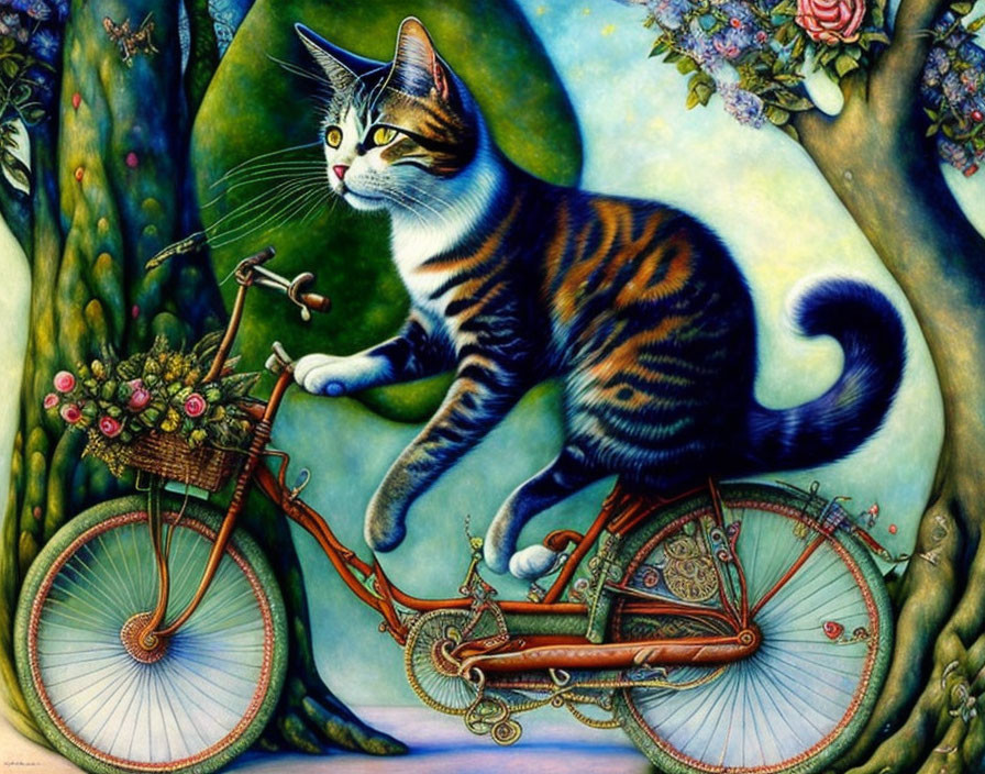 Colorful whimsical illustration: Striped cat on vintage bicycle in fantastical landscape