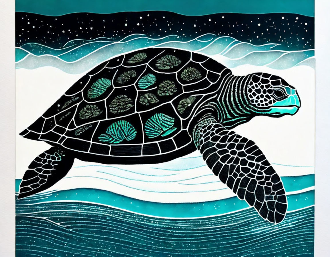 Sea turtle illustration with patterned shell in underwater scene.