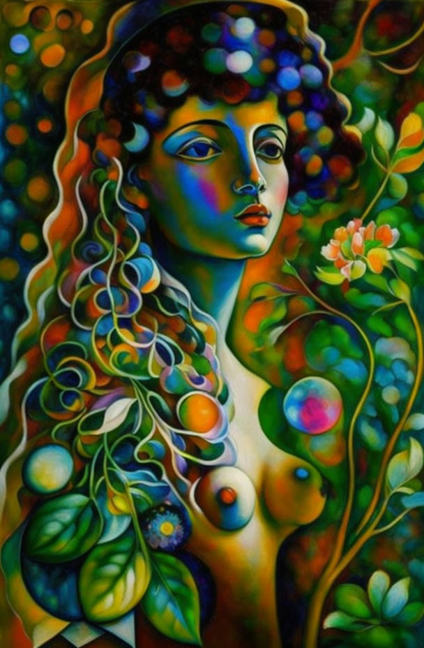 Vibrant painting of stylized woman with curly hair in dreamlike setting