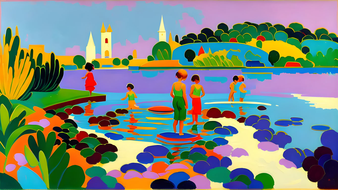 Vibrant painting of children on stone pads in pond with colorful flora and buildings.